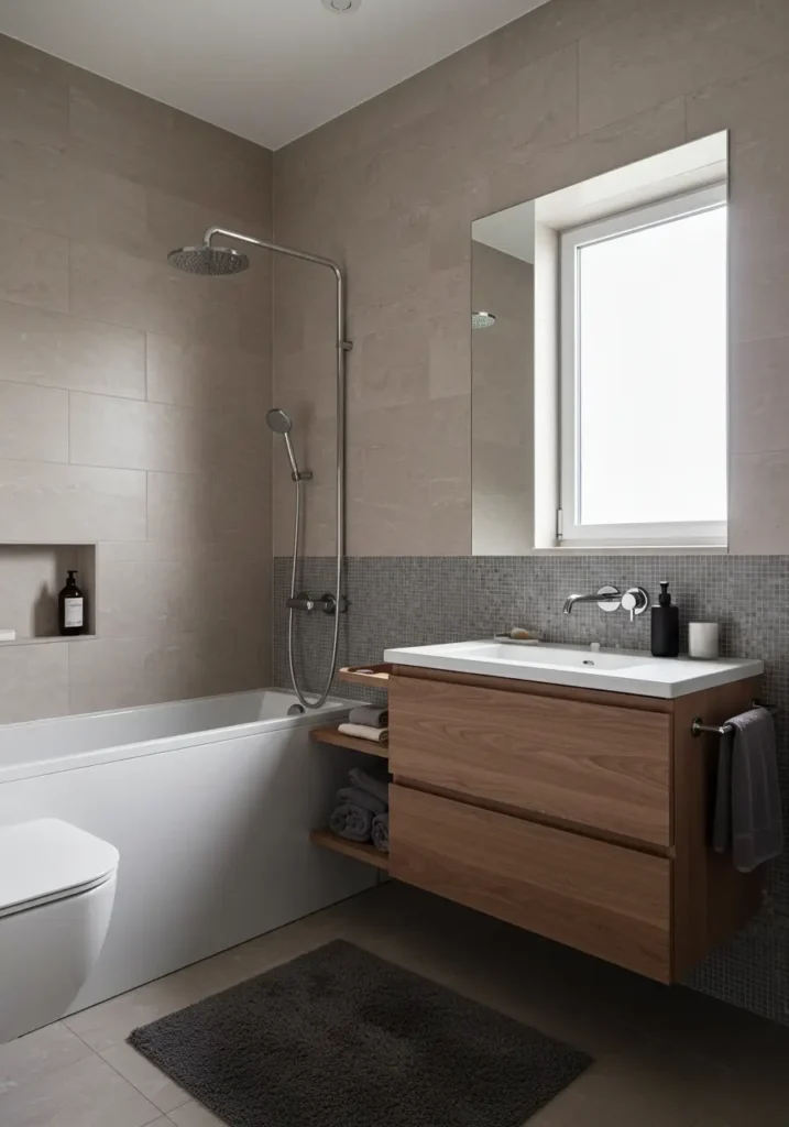 Drawing from Nordic wellness traditions, this design transforms a cramped bathroom into a tranquil spa retreat using light woods, clean lines, and natural textures.