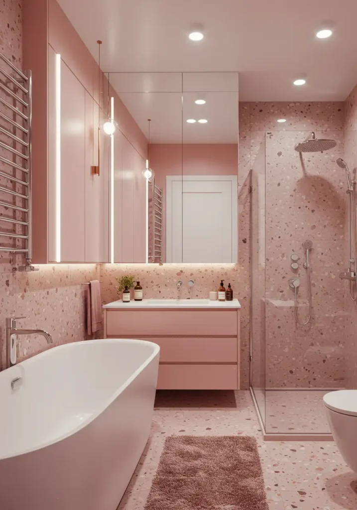 This design draws from the resurgence of terrazzo in contemporary interiors, reimagined with a soft, feminine palette that transforms the traditionally masculine material into a dreamy girly statement.