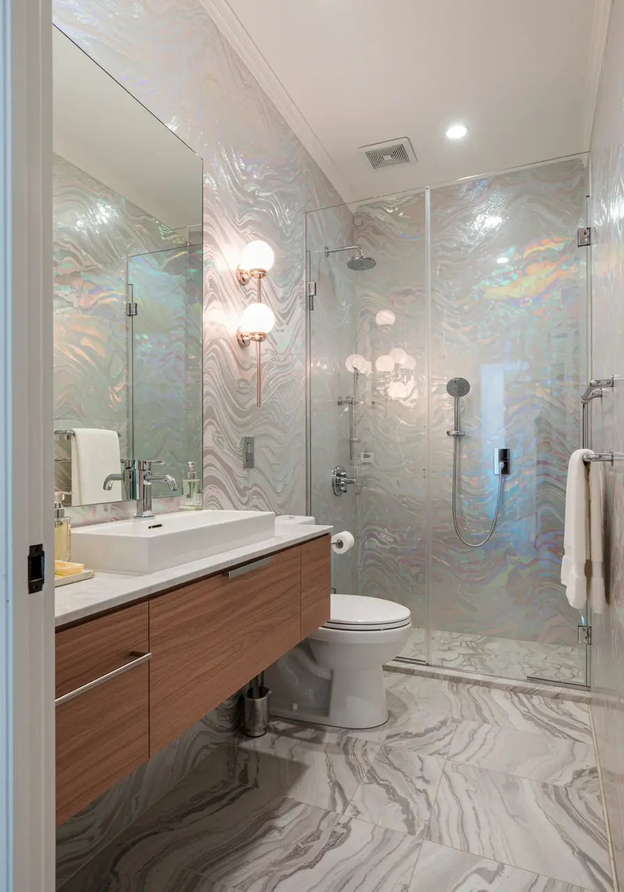 This cutting-edge concept embraces 2025's digital aesthetic revolution, featuring revolutionary holographic wallpaper that shifts between silver, rose gold, and prismatic hues depending on lighting angles. The wallpaper displays subtle digital wave patterns that create an immersive, almost virtual reality experience.
