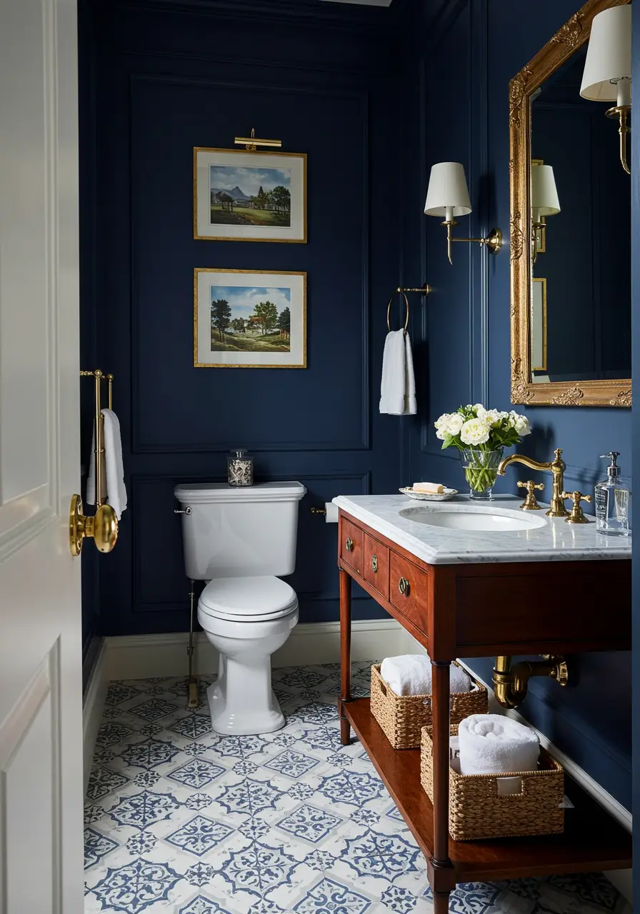 Drawing from 18th-century English estates, this powder room embodies refined Georgian elegance with symmetrical proportions and classical details that speak to timeless sophistication.