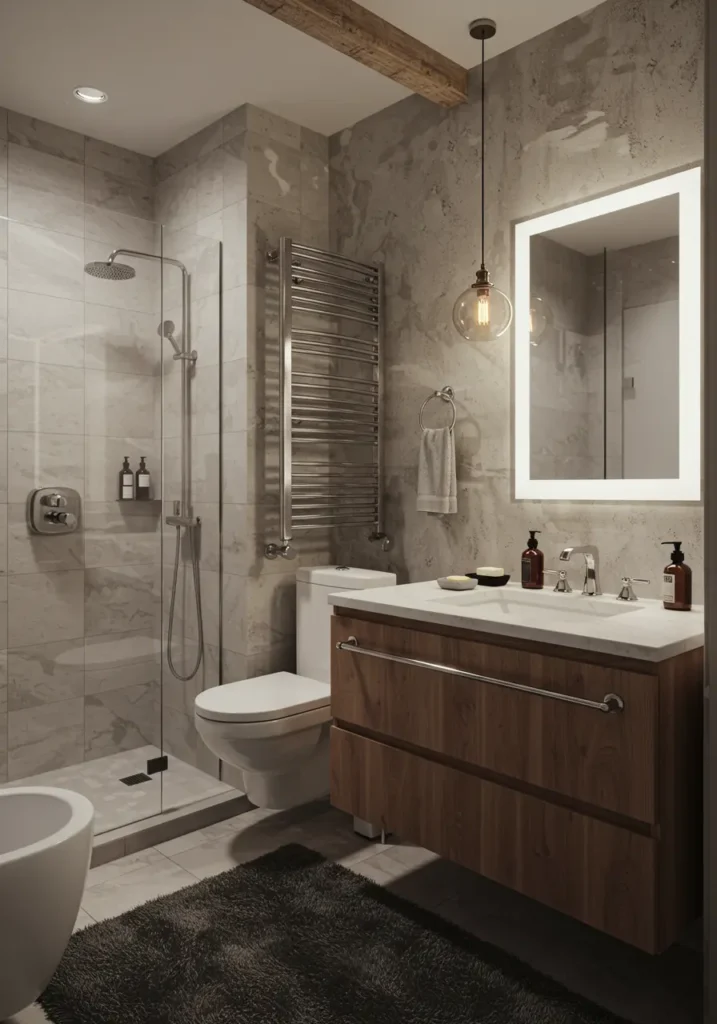 This concept transforms a standard powder room into an edgy industrial sanctuary using accessible DIY techniques. The inspiration comes from converted loft spaces where raw materials meet refined functionality. The design celebrates exposed elements while maintaining sophisticated comfort.