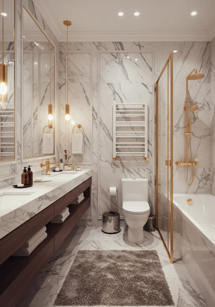 Inspired by ancient Roman bathhouses reimagined for contemporary luxury, this design transforms your bathroom into a temple of relaxation. The concept draws from classical architecture while incorporating modern conveniences for the discerning homeowner who appreciates timeless elegance.