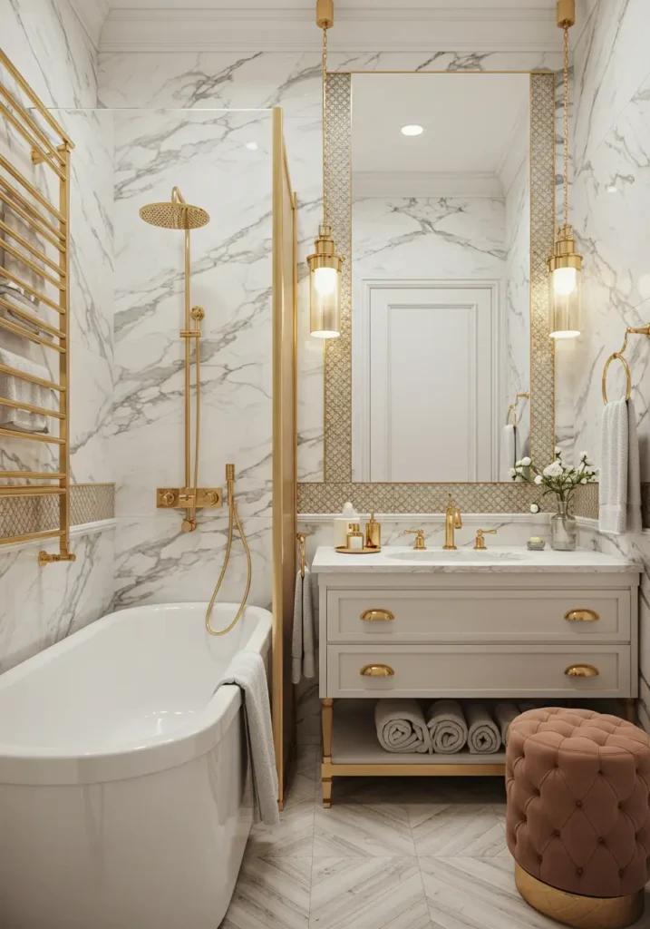 Drawing from the grandeur of ancient Roman baths, this concept transforms a compact space into a marble-clad sanctuary that exudes timeless sophistication and luxury.