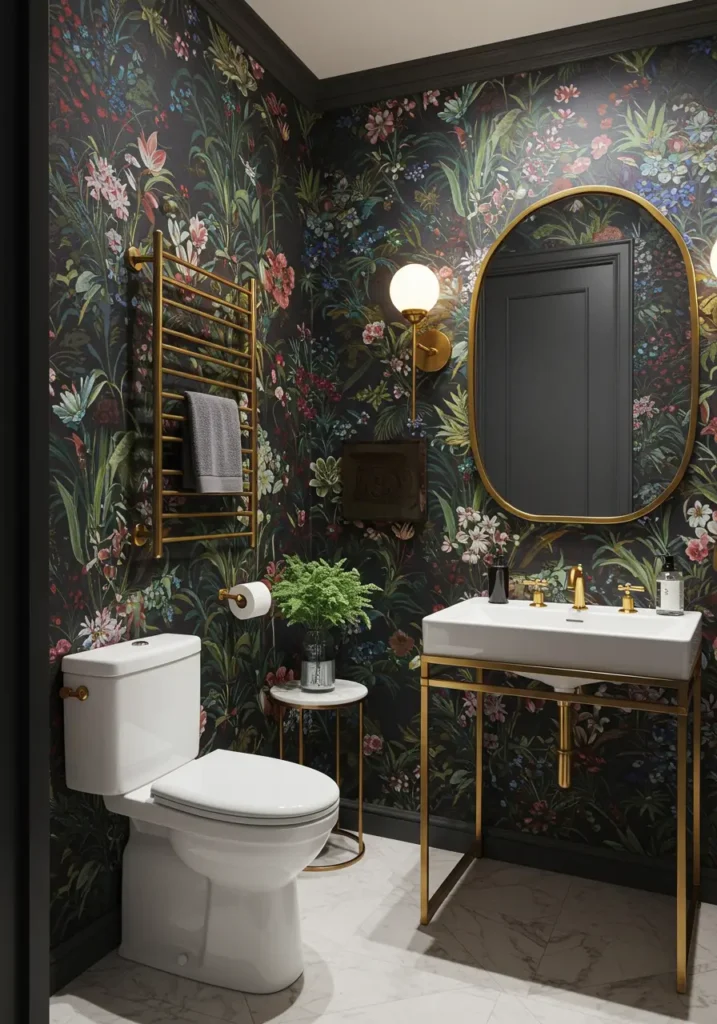 This concept transforms the powder room into a secret midnight garden, where dramatic florals meet sophisticated darkness. The design captures the mystery and romance of a moonlit botanical sanctuary.