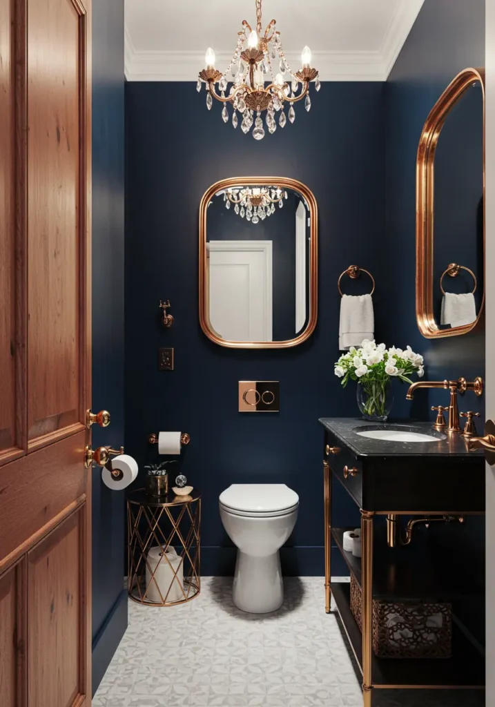 Inspired by the opulent powder rooms of 1920s speakeasies, this design creates drama through deep, moody colors and luxurious metallic accents. It's an intimate space that feels like a secret hideaway for evening sophistication.