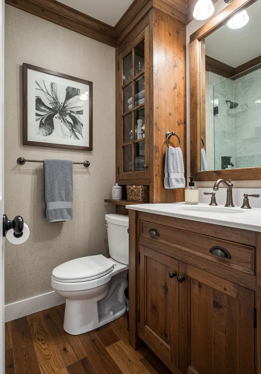 Drawing from sustainable upcycling practices, this design transforms weathered barn wood into a warm, inviting powder room that celebrates imperfection and natural aging.