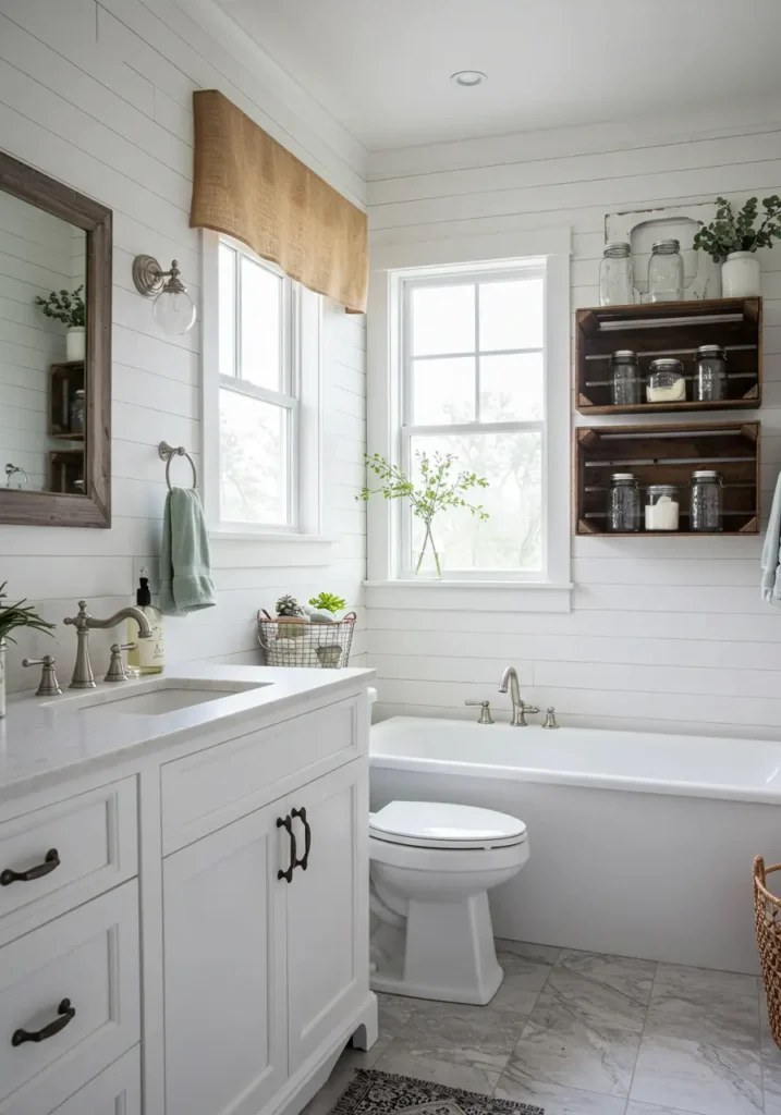 Drawing from countryside charm, this design transforms any bathroom into a cozy farmhouse retreat using natural textures and warm earth tones that evoke feelings of comfort and simplicity.