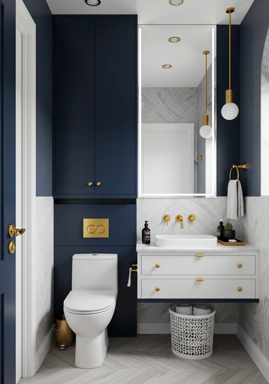This design transforms the powder room into a family organizational hub, recognizing that busy families need every space to multitask. The concept merges essential bathroom functions with family management tools.