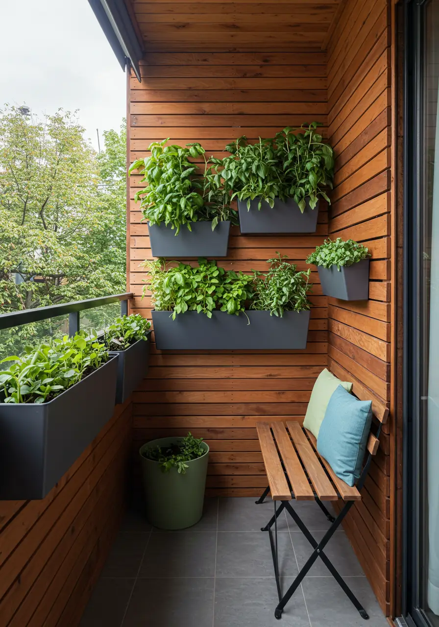 This concept transforms a cramped balcony into a lush vertical paradise, maximizing growing space through innovative wall-mounted systems. Perfect for urban plant enthusiasts who crave nature but lack horizontal space.