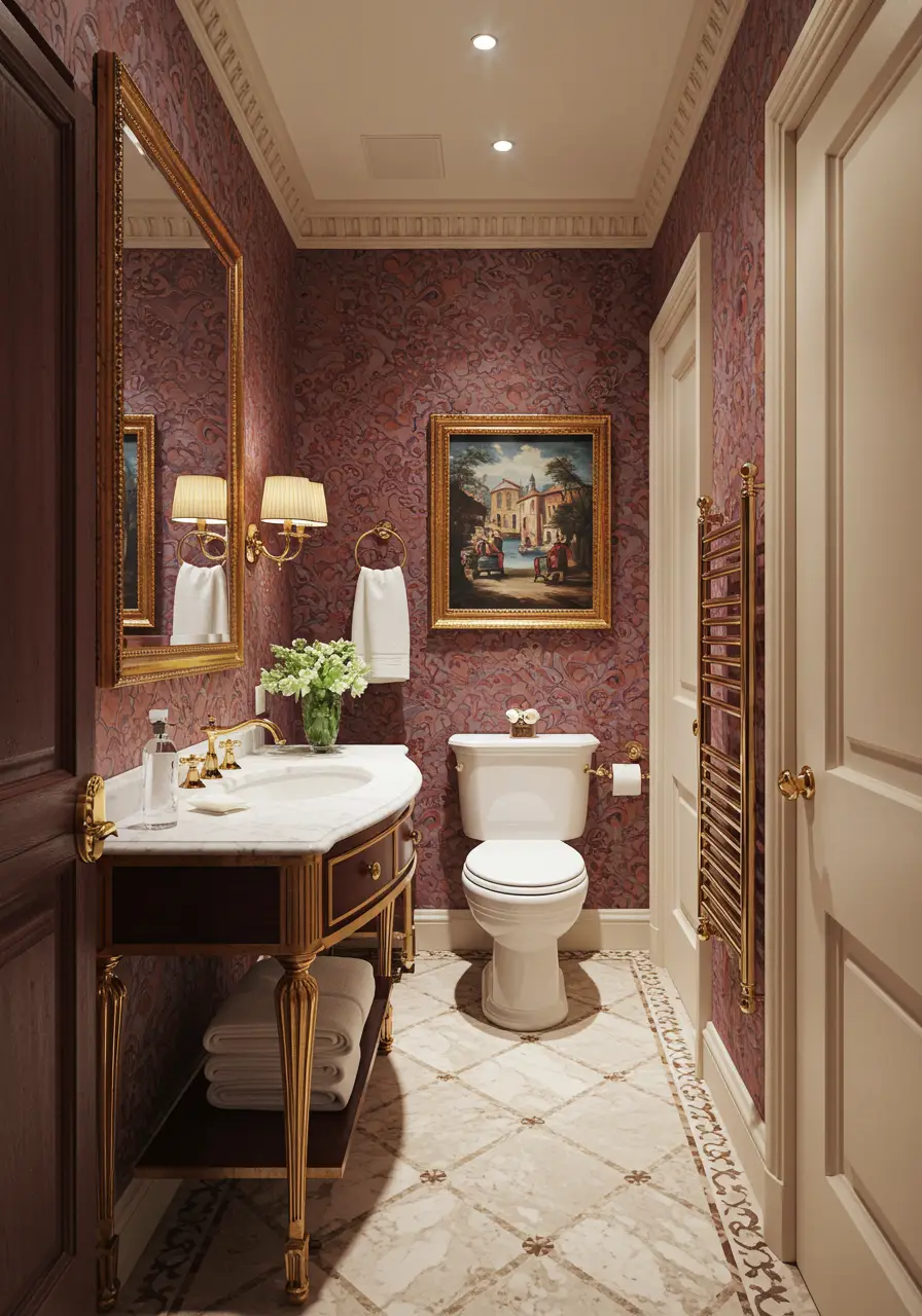 Inspired by the opulent palazzos of Venice, this powder room transforms a small space into a dramatic jewel box that leaves guests breathless. The design embraces maximalist luxury while maintaining functionality for brief visits.