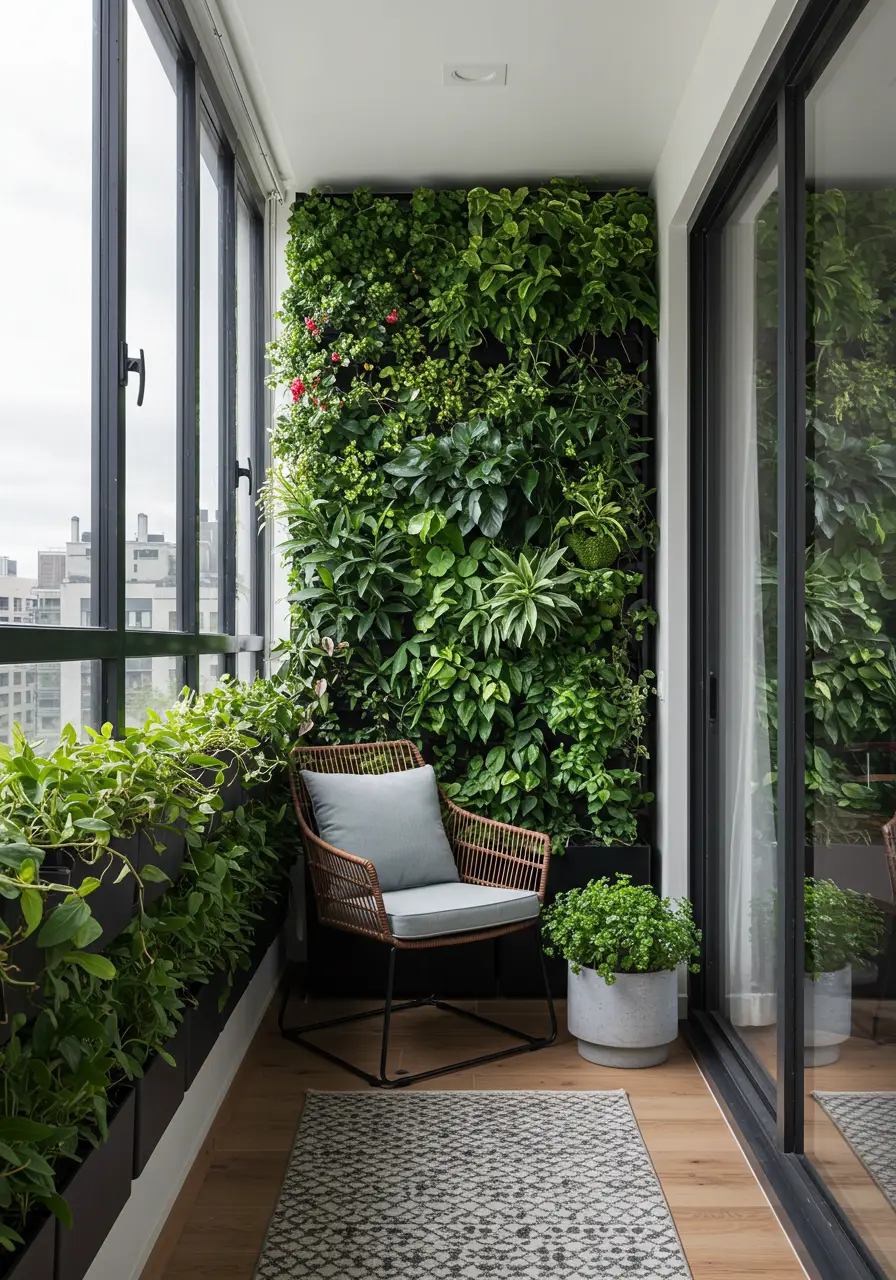 Drawing from biophilic design principles, this concept transforms a narrow balcony into a lush vertical sanctuary that maximizes growing space while creating privacy and visual impact.