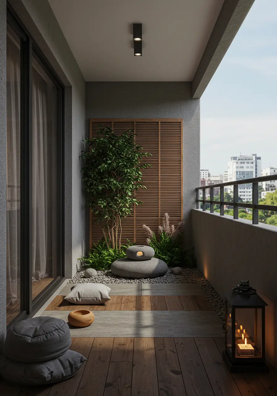 This concept transforms a small apartment balcony into a meditative retreat inspired by Japanese zen philosophy and clean living principles. The design emphasizes natural materials, neutral tones, and purposeful simplicity to create a space for mindful relaxation and mental clarity.