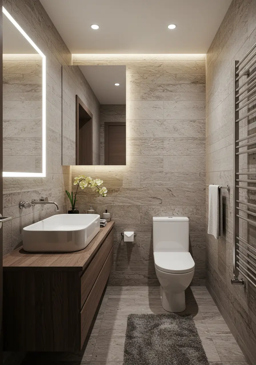 Inspired by Japanese zen gardens and the meditative quality of natural stone, this powder room embodies tranquility through carefully curated textures and neutral tones.