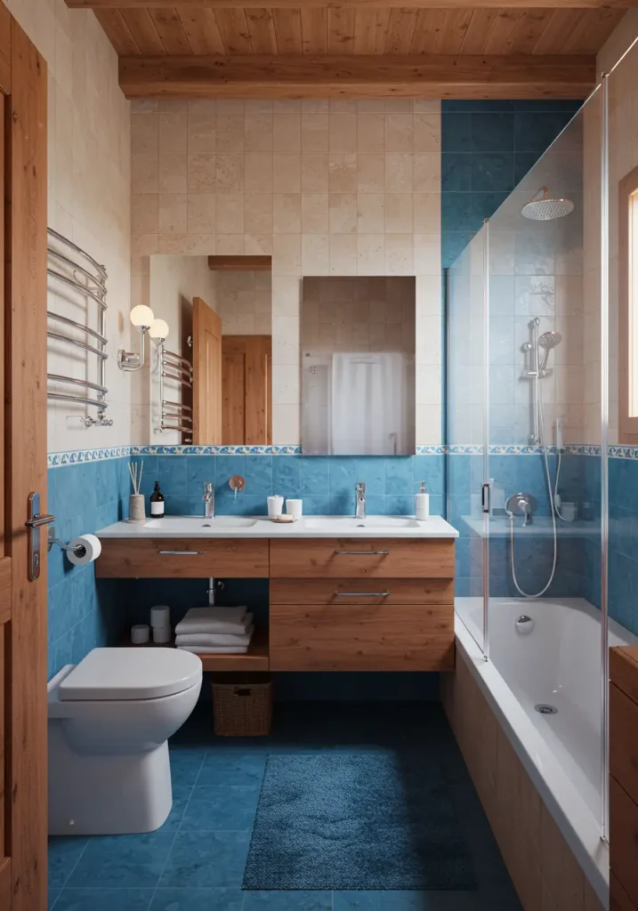 Capturing the essence of Mediterranean coastal villas, this design uses warm terra cotta, azure blues, and natural textures to create a vacation-like atmosphere.