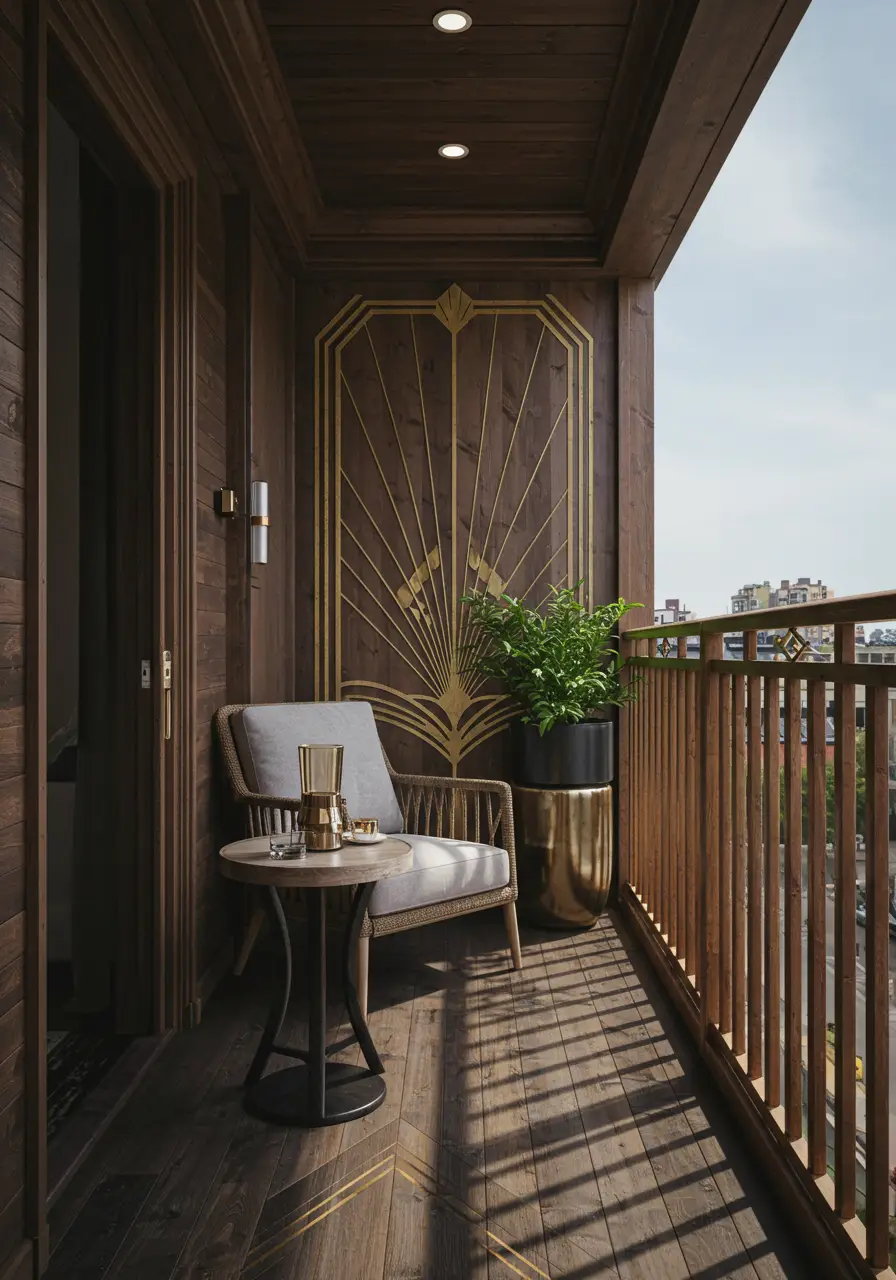 Drawing from the opulence of 1920s Art Deco design and modern luxury hotels, this concept creates a sophisticated outdoor lounge with geometric patterns, metallic finishes, and dramatic lighting.