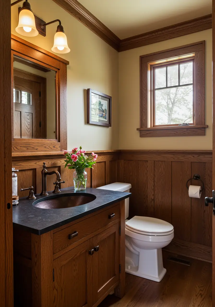 Embracing the handcrafted aesthetic of the Arts and Crafts movement, this design celebrates natural materials, honest construction, and integrated decorative elements.