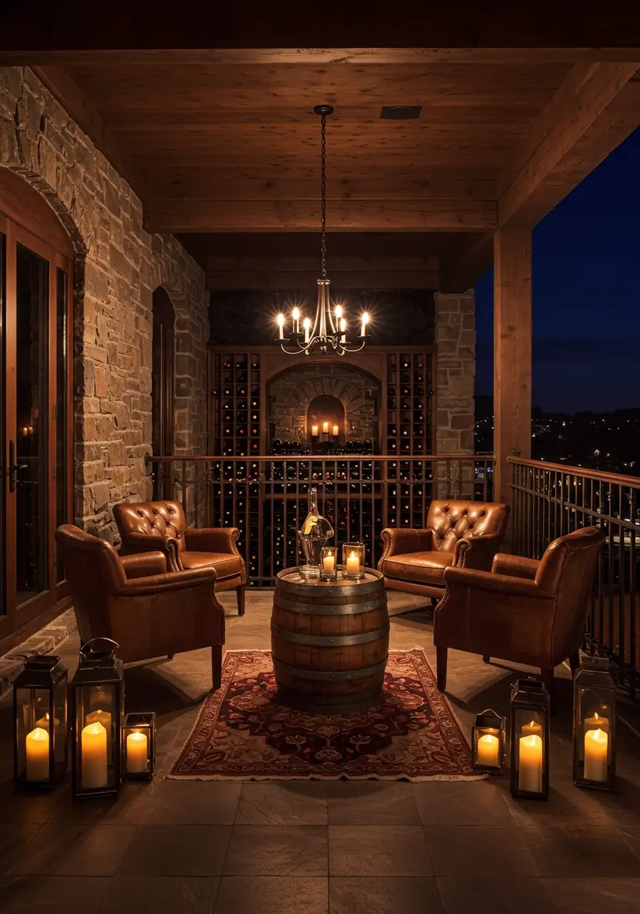 Transforming the balcony into an intimate wine cellar experience, perfect for couples who appreciate fine wine and romantic ambiance.