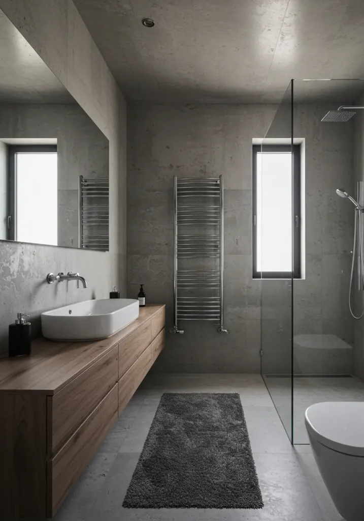 Celebrating the beauty of raw concrete while maintaining luxury comfort, this design appeals to modernist homeowners who appreciate architectural materials and clean, uncluttered spaces with sophisticated functionality.