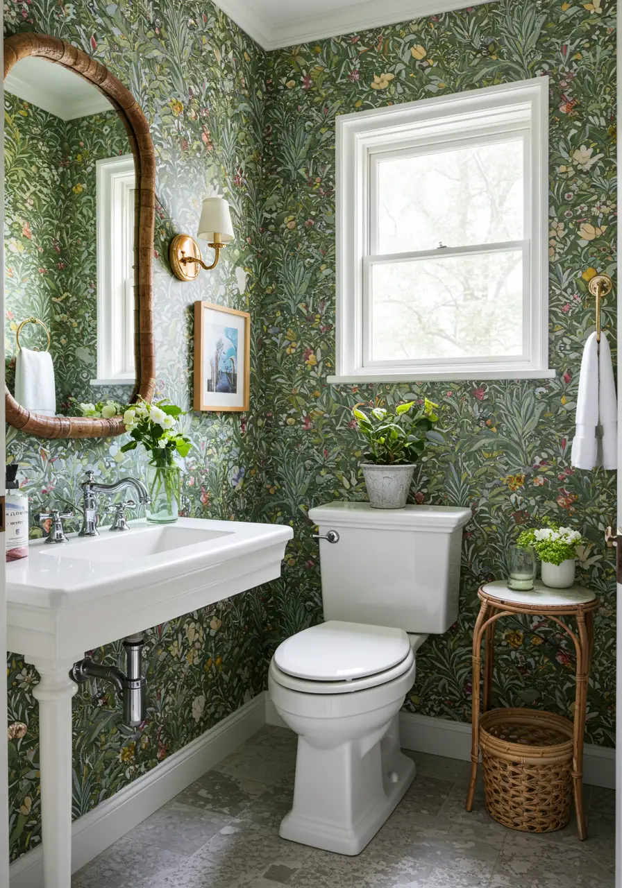 Bringing the romance of an English cottage garden indoors, this powder room celebrates nature's beauty through botanical prints, natural materials, and garden-inspired details that create a refreshing green sanctuary.
