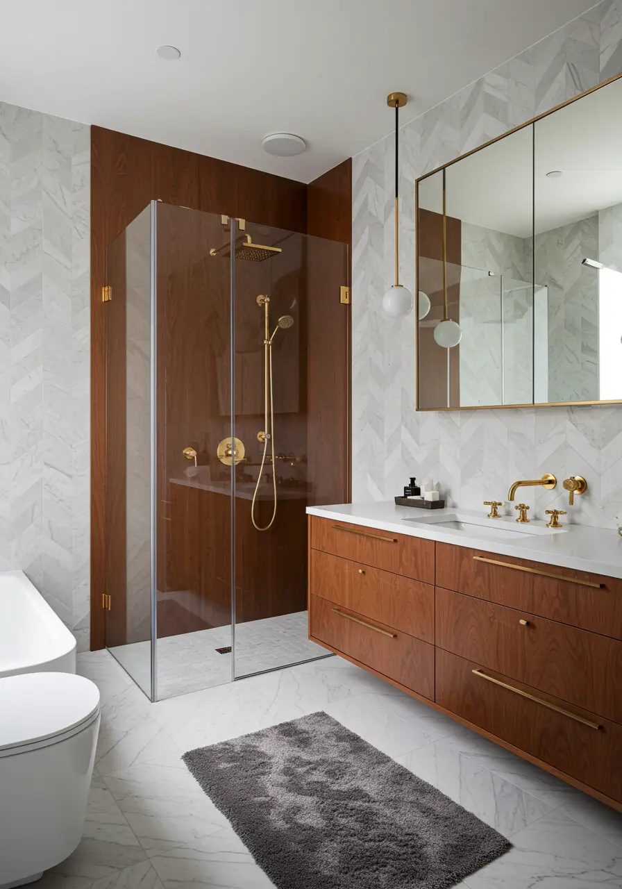Celebrating the optimism and innovation of 1960s design, this bathroom features clean geometric forms, rich wood tones, and period-appropriate fixtures with contemporary updates.
