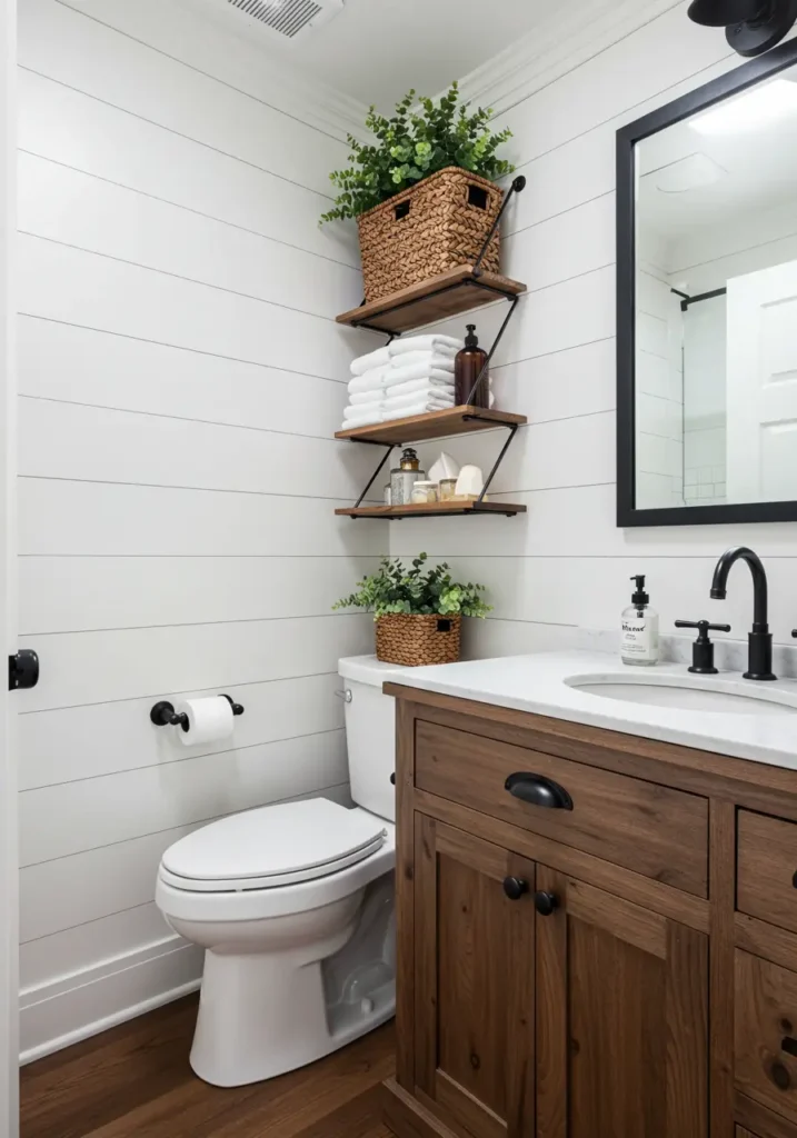 Combining rustic charm with contemporary convenience, this design brings the warmth of farmhouse living to a small powder room. Clean lines meet natural textures for a fresh, welcoming space.