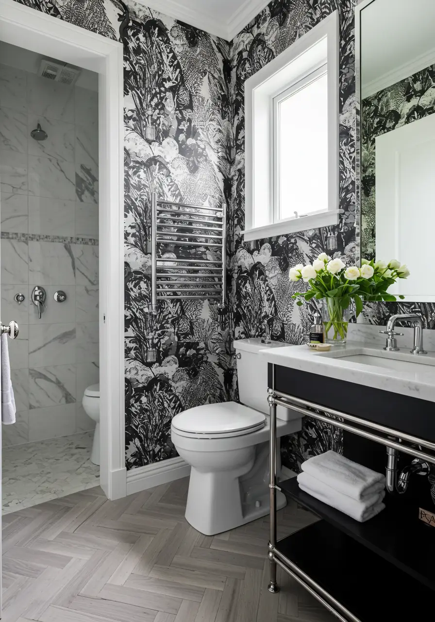 This striking concept leverages 2025's graphic design influence with bold black and white wallpaper featuring abstract geometric patterns. The design creates visual drama through contrast while maintaining sophisticated simplicity.