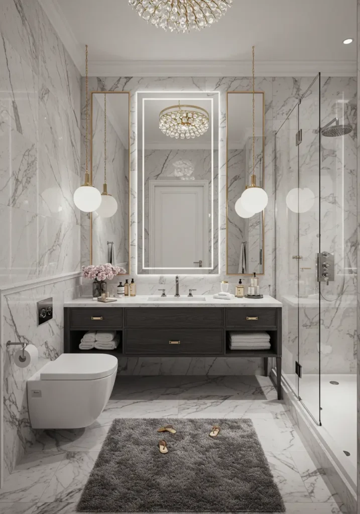 This design elevates classic black and white through the luxurious use of marble, creating a timeless feminine space that emphasizes texture, pattern, and proportion while maintaining an air of sophisticated restraint.