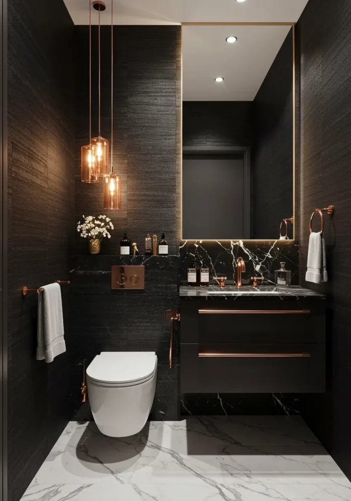 Inspired by volcanic glass and precious metals, this design creates striking contrast through the use of deep black surfaces accented with warm rose gold. The result is a space that feels both edgy and feminine, modern yet timeless.