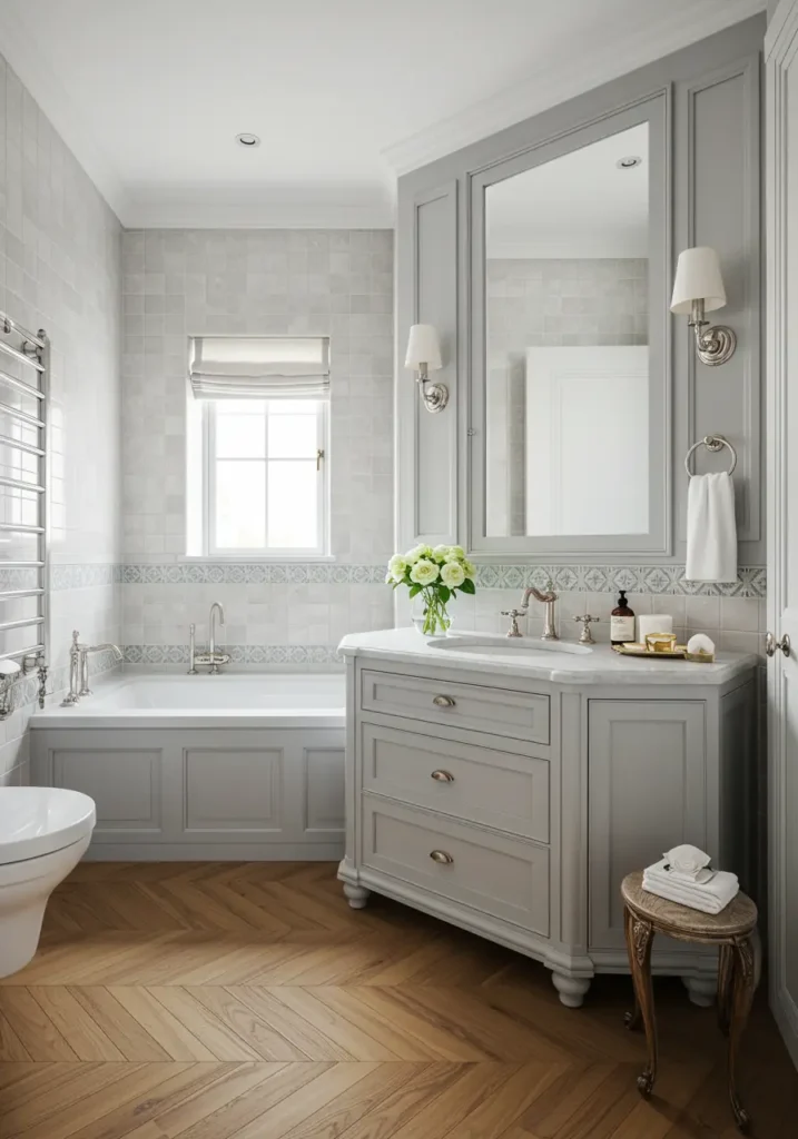 Capturing the effortless sophistication of Parisian apartments, this design blends classic French elements with modern functionality for intimate luxury.