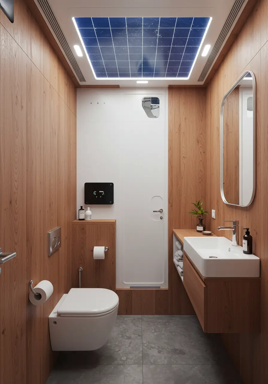 This high-tech sustainable design integrates renewable energy and smart home technology, creating a powder room that operates independently from the main electrical grid.