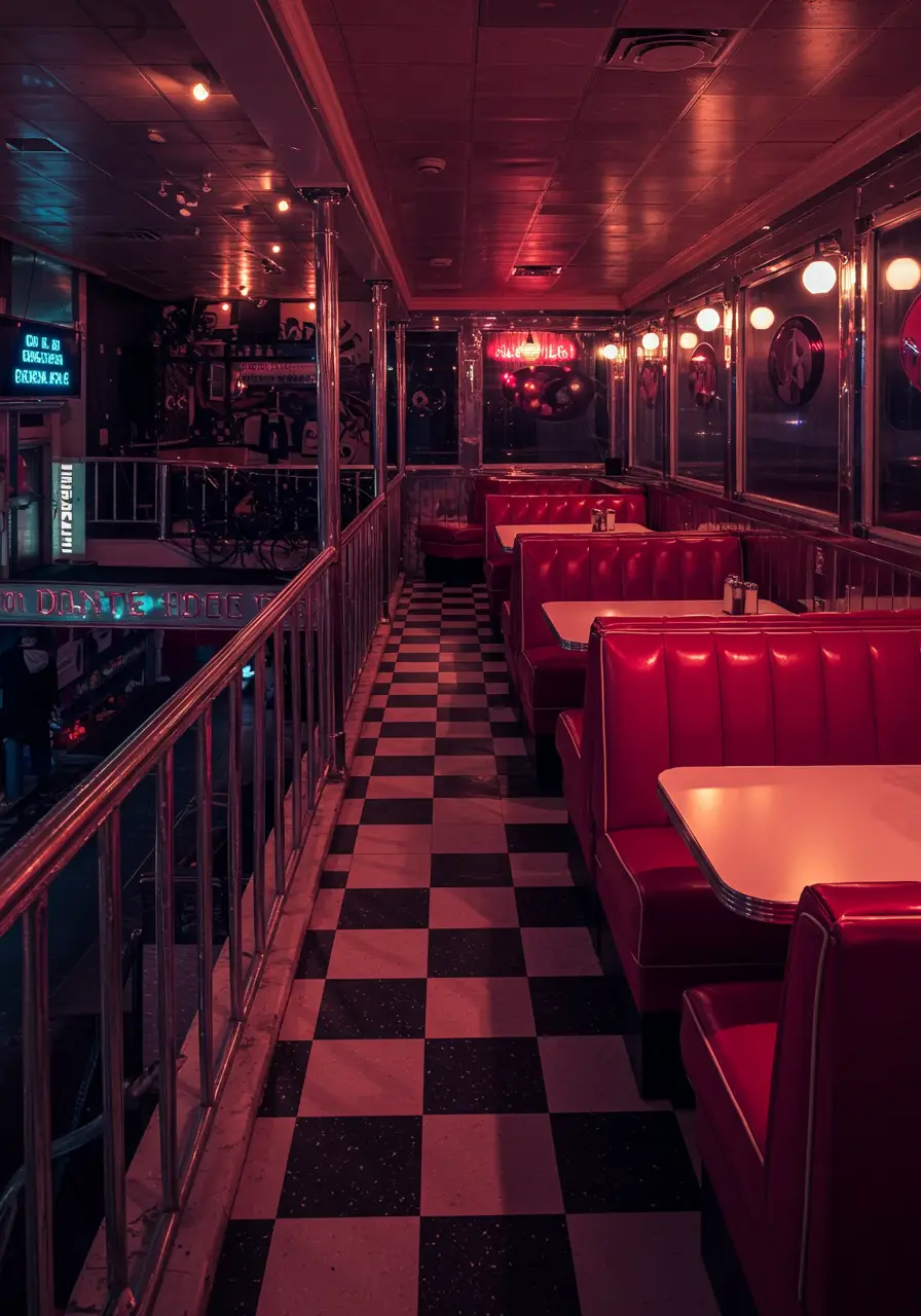 Channeling 1950s American diner aesthetics, this playful concept creates a nostalgic outdoor dining experience with bold colors, chrome accents, and vintage-inspired functionality.