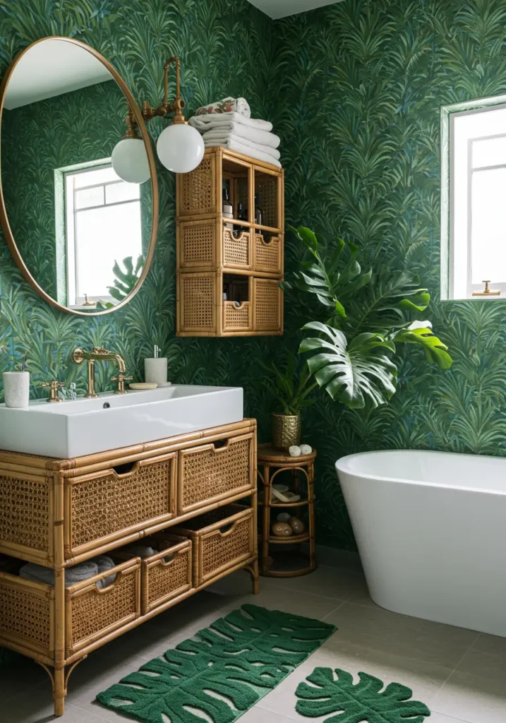 Transforming the bathroom into a lush tropical getaway, this design uses vibrant greens, natural textures, and exotic elements to create an everyday vacation atmosphere.