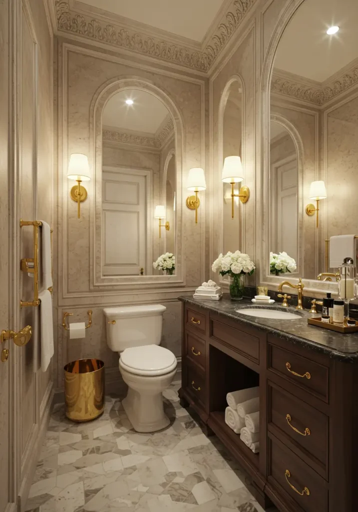 Channeling the elegance of Old Hollywood's golden era, this design features luxurious materials, dramatic lighting, and sophisticated details worthy of a movie star's dressing room.
