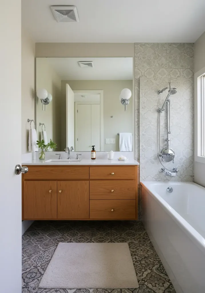 Celebrating the atomic age optimism of 1950s Palm Springs, this design brings desert modernism and space-age aesthetics to compact bathrooms.