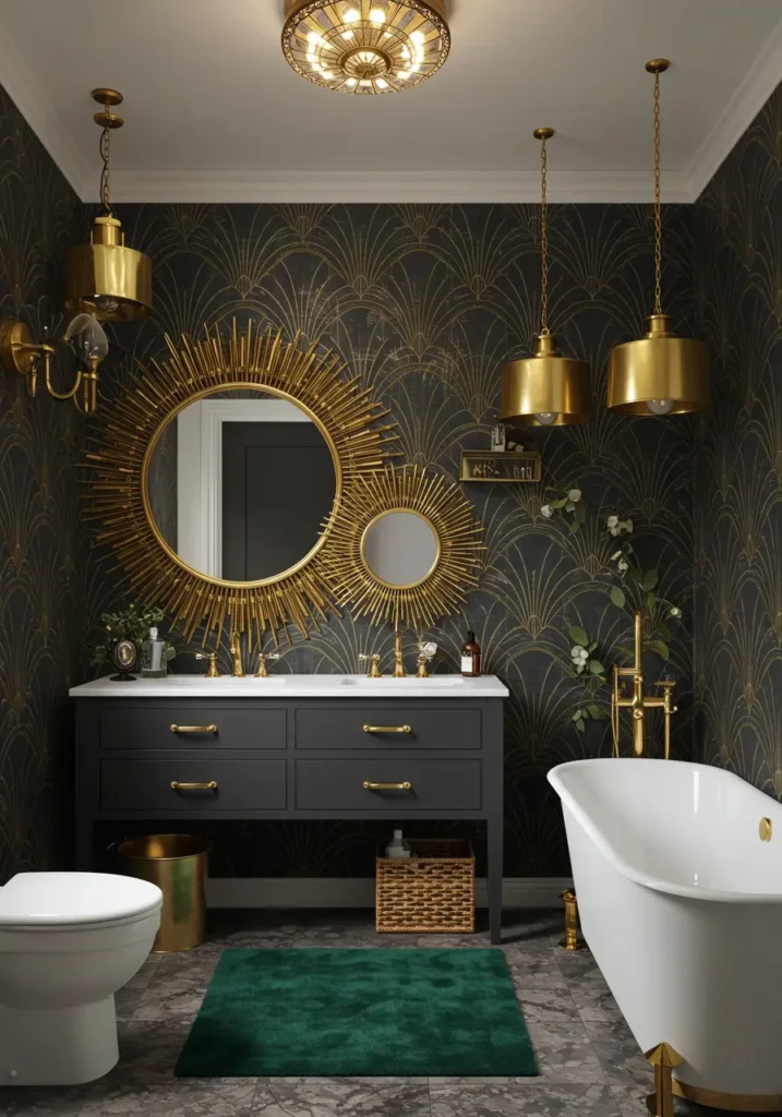 Bringing the sophisticated glamour of the 1920s into modern bathrooms, this design uses geometric patterns, metallic accents, and luxurious textures to create old Hollywood elegance on a budget.
