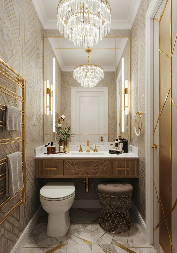 Channeling the glamour of 1920s Paris and New York, this powder room transforms into a sophisticated lounge worthy of Gatsby-era entertaining. Geometric patterns and metallic finishes create timeless elegance.