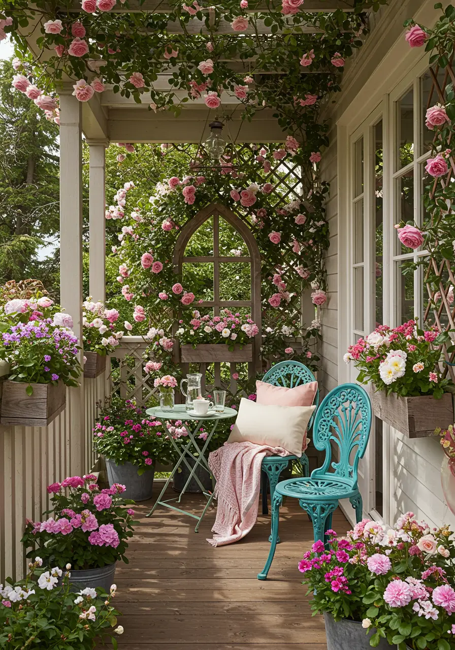 This concept brings the charm of an English countryside cottage garden to urban balconies, creating a romantic and whimsical space filled with climbing roses, vintage furniture, and cottage-style accessories. The design emphasizes abundant flowers, weathered materials, and nostalgic charm.