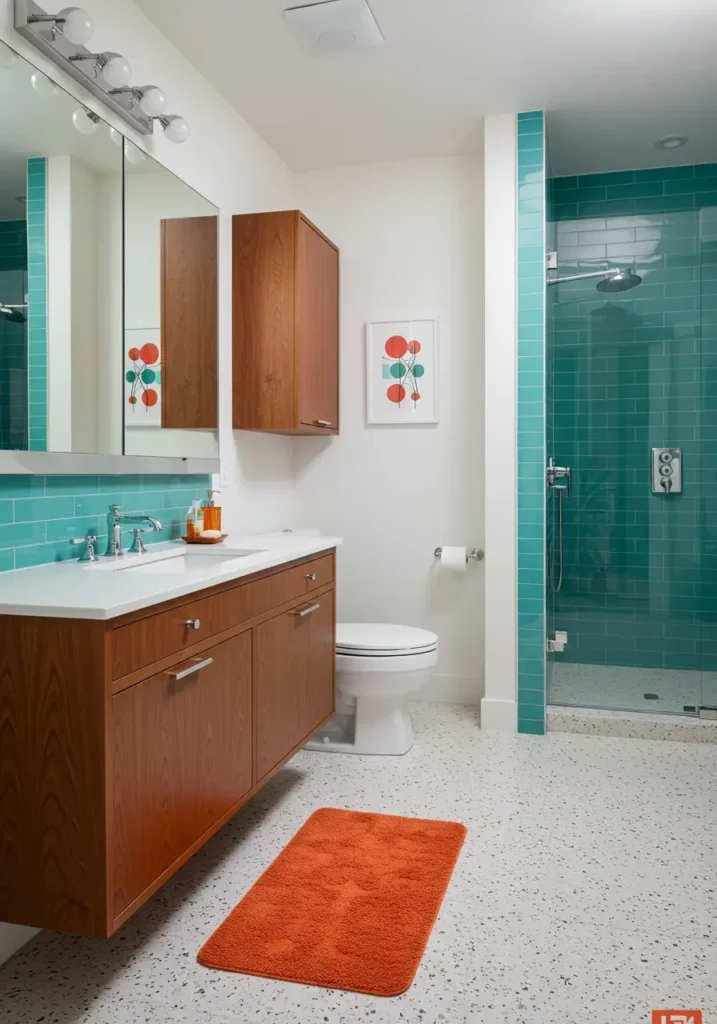 Celebrating the clean lines and bold materials of 1950s and 60s design, this concept brings atomic age glamour to contemporary small bathroom living.
