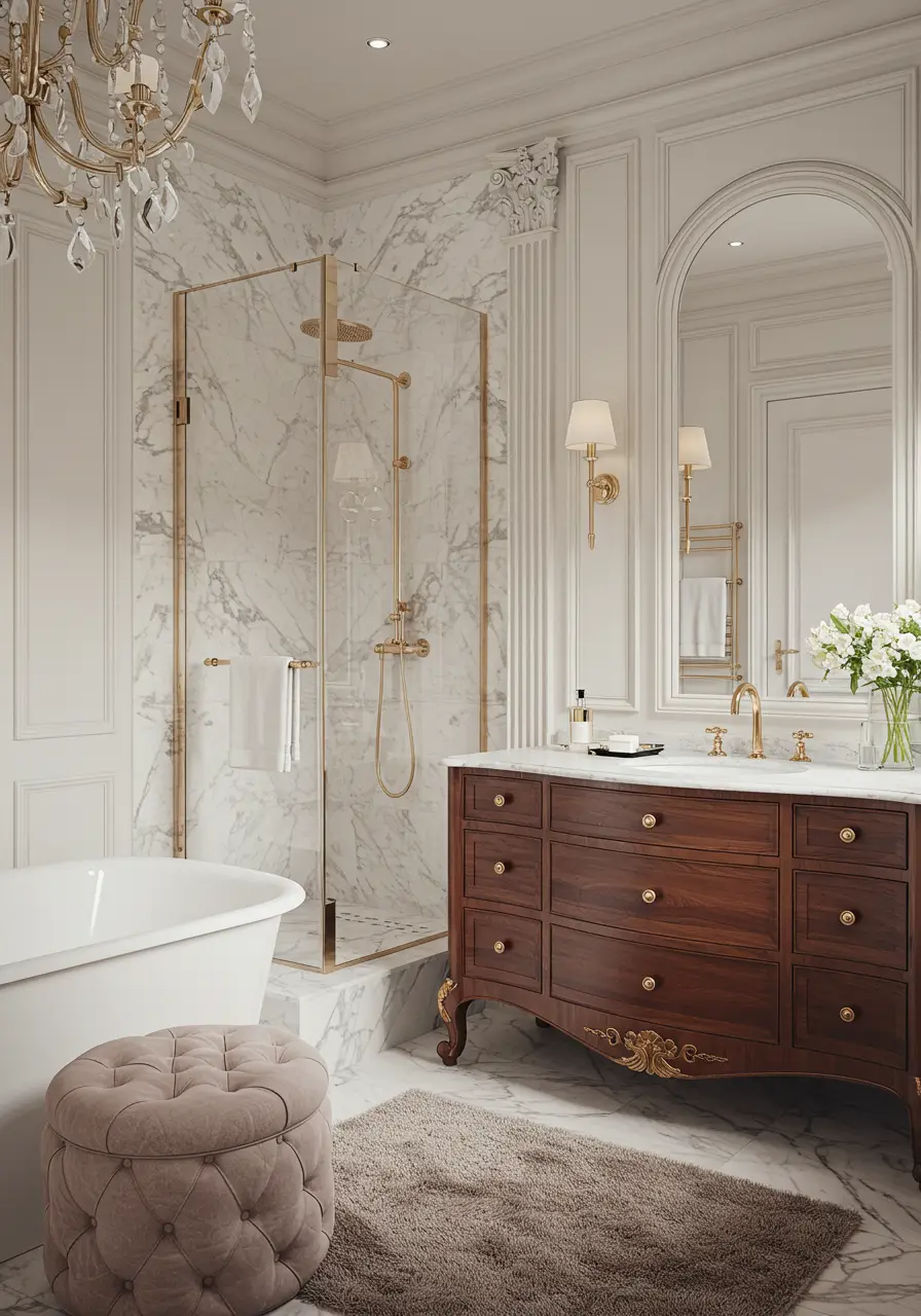Capturing the sophisticated romance of Parisian apartments, this design combines classical French elements with modern luxury to create timeless elegance.