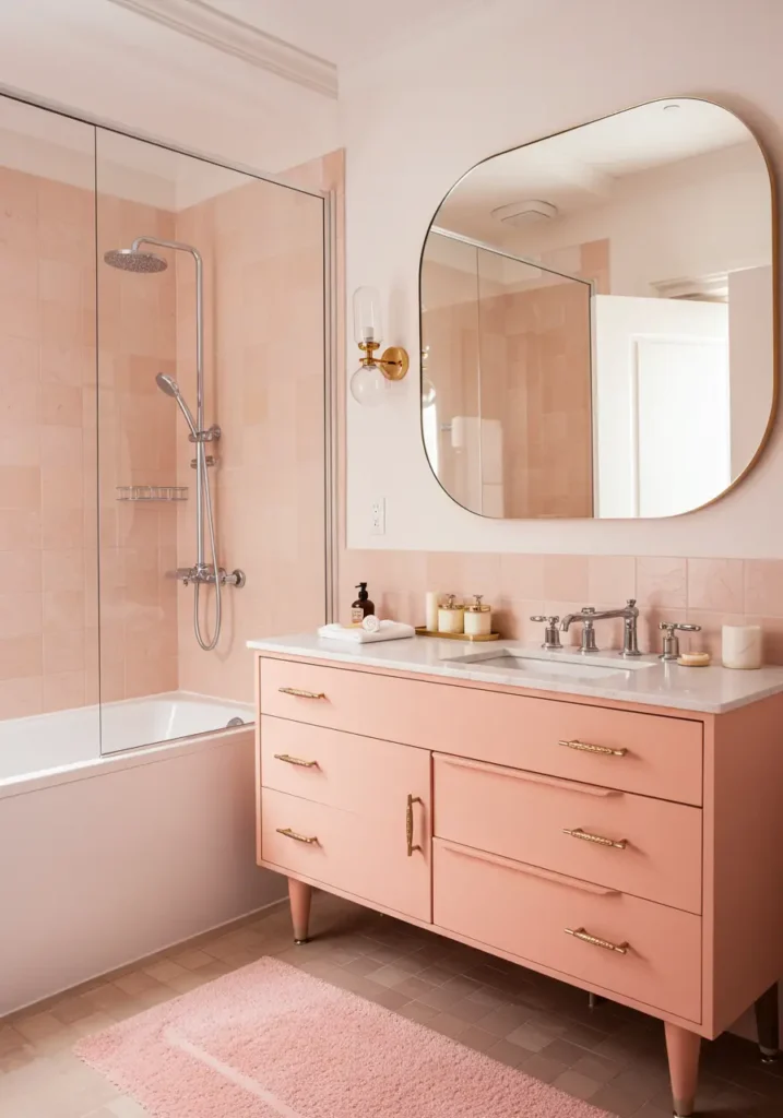 Drawing from 1960s optimism and mid-century modern design principles, this bathroom celebrates peachy pink tones with atomic-age patterns and sleek geometric forms that create a playful yet sophisticated feminine retreat.