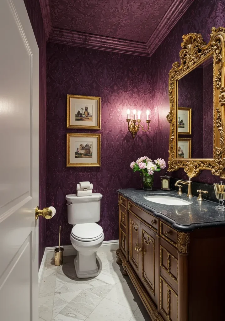 Drawing from the richness of royal courts and the warmth of antique gold, this design creates an atmosphere of refined luxury through deep plum tones and carefully aged metallic finishes that speak to timeless elegance.