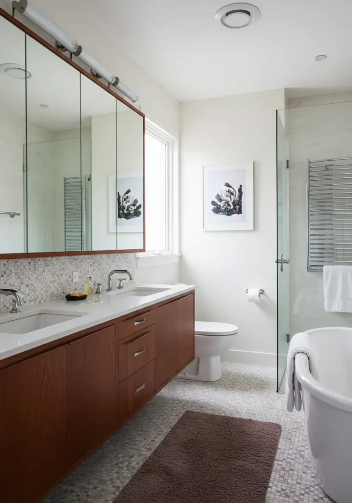 Celebrating the optimism and innovation of 1950s-60s design, this bathroom showcases clean lines, bold colors, and iconic furniture pieces of the era.