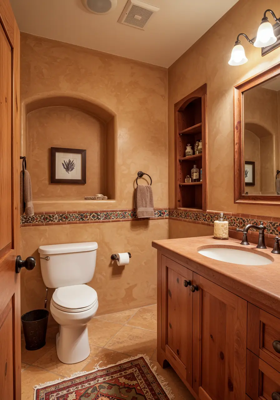 Drawing inspiration from the high desert architecture of Santa Fe and the natural beauty of the American Southwest, this powder room celebrates earthy textures, warm terracotta tones, and handcrafted details that honor regional traditions.