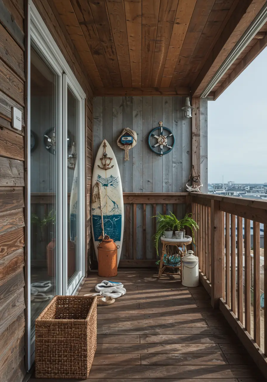 Inspired by beachside surf culture, this laid-back concept brings ocean vibes to urban balconies through weathered woods, nautical elements, and relaxed coastal styling.
