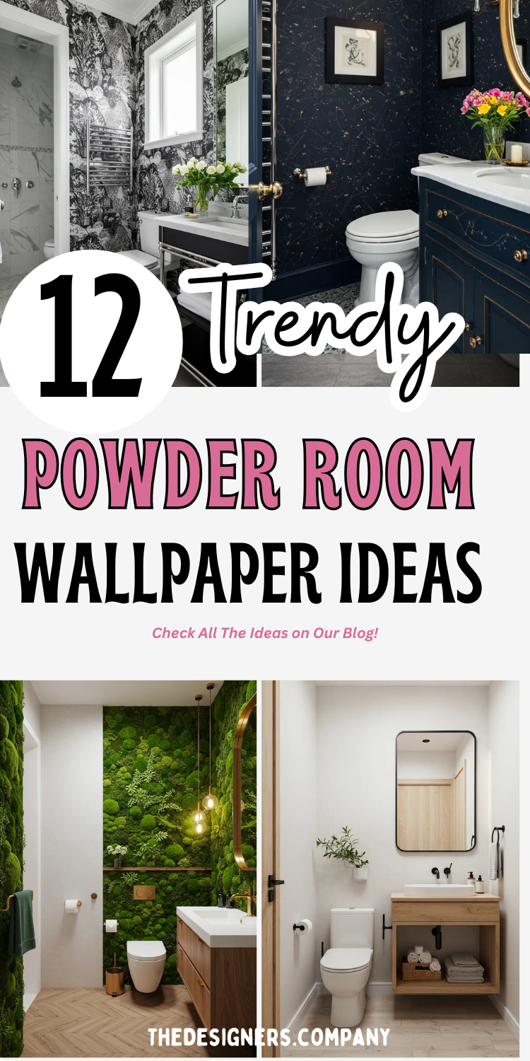 Collage showing 12 trendy powder room wallpaper ideas with "12 Trendy POWDER ROOM WALLPAPER IDEAS" text overlay. Features three bathroom images: top shows elegant navy celestial wallpaper with gold accents and marble vanity, bottom left displays dramatic moss/botanical living wall with modern fixtures, bottom right shows minimalist textured wallpaper with floating wood vanity. All rooms showcase 2025 design trends with sophisticated lighting and styling.RetryClaude can make mistakes. Please double-check responses.