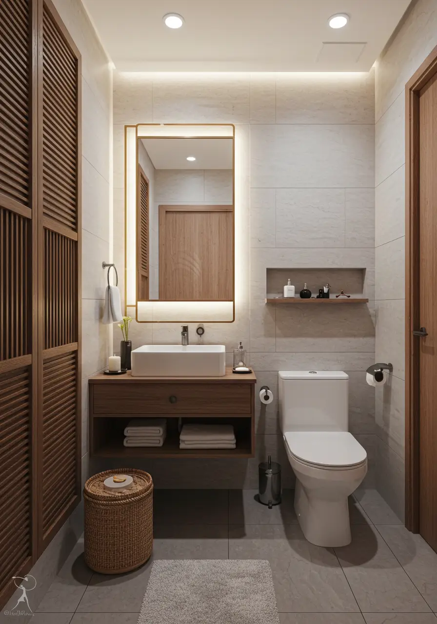 Inspired by Japanese design principles and the concept of wabi-sabi, this powder room creates a meditative space through natural materials, asymmetrical balance, and the celebration of imperfection that brings profound peace to daily rituals.