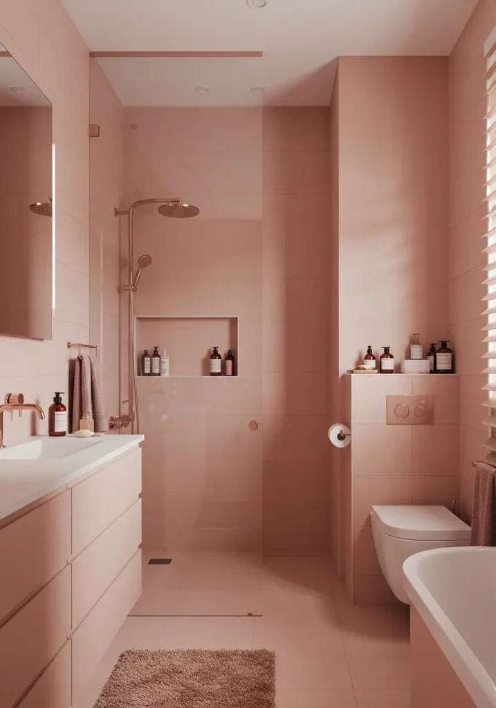 This design embraces the "less is more" philosophy while incorporating dusty rose tones that add warmth and femininity to clean, minimal forms, creating a tranquil space that promotes mindfulness and calm.