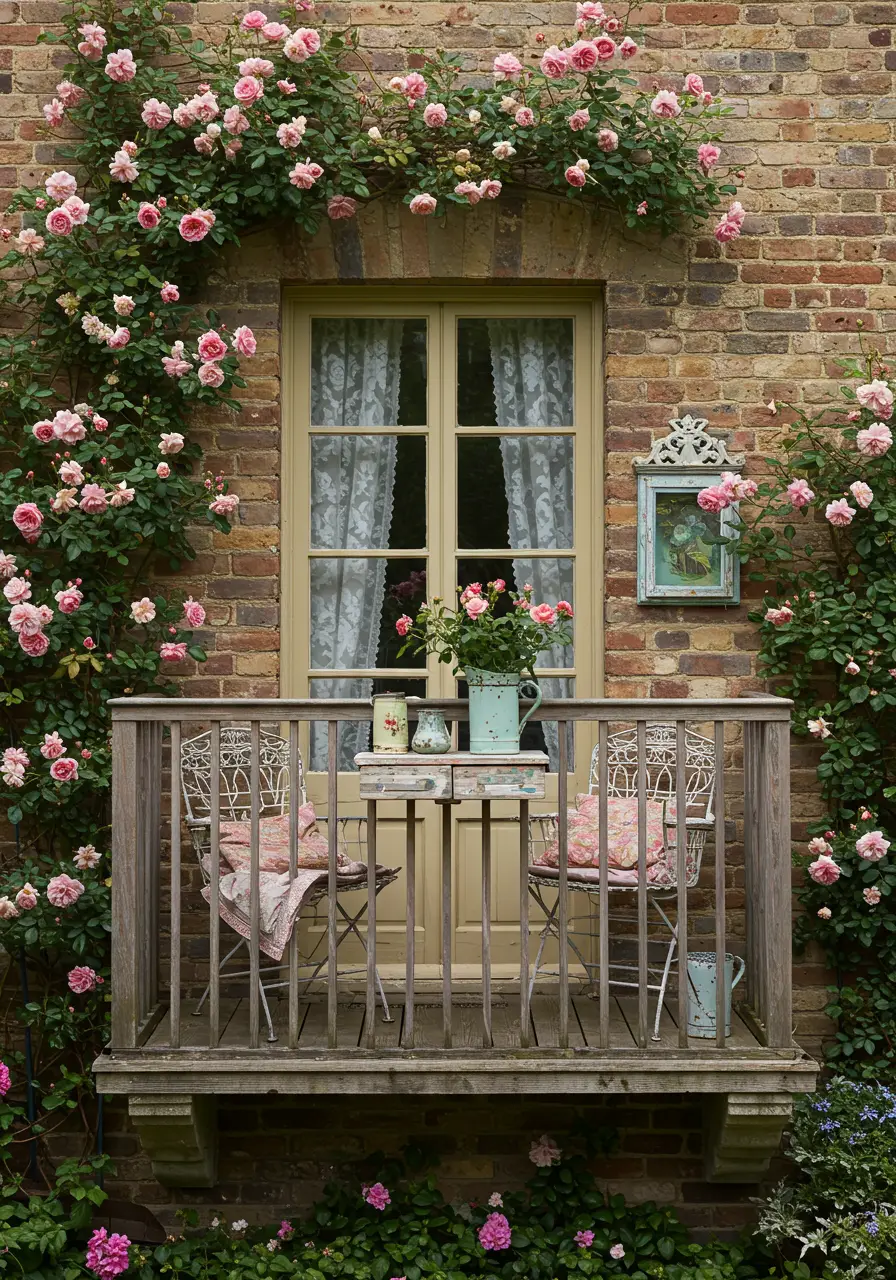 Evoking the charm of English countryside cottages, this design creates a romantic garden retreat with climbing roses and vintage elements.