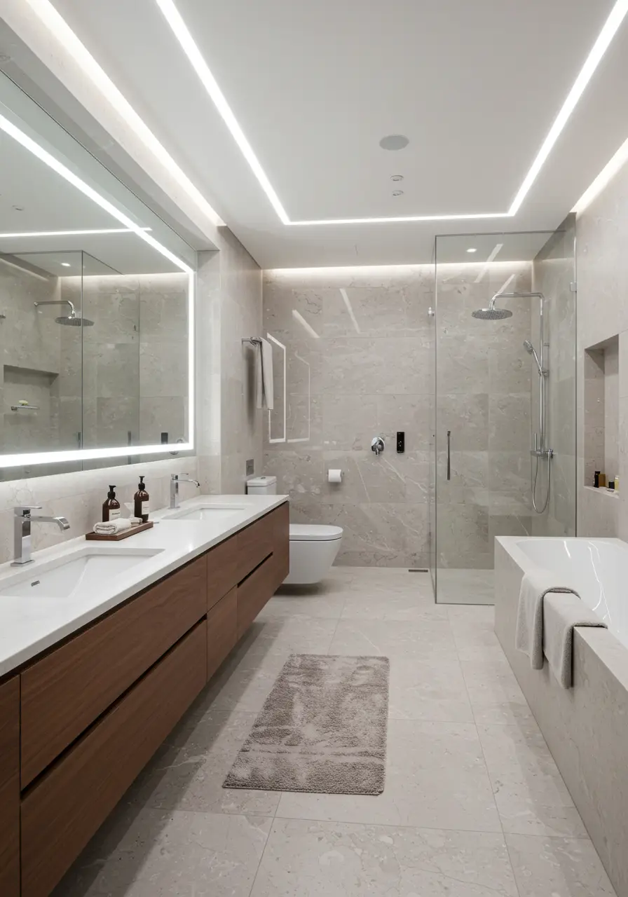 Embracing cutting-edge technology and sustainable design, this bathroom represents the future of personal wellness spaces with smart features and eco-friendly innovations.