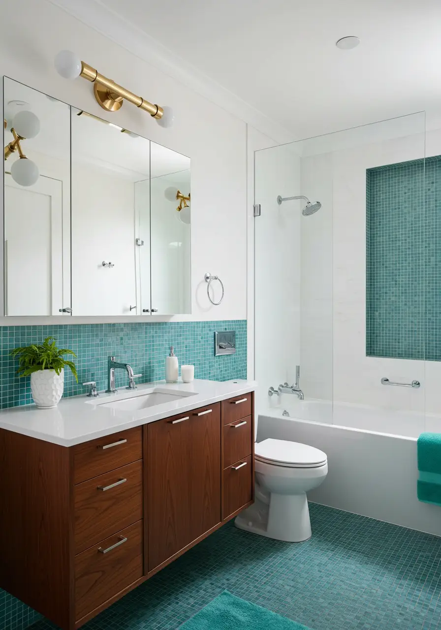 Celebrating the optimistic design spirit of the 1950s and 60s, this bathroom brings atomic age sophistication to contemporary apartment living. Perfect for vintage enthusiasts and design history lovers.